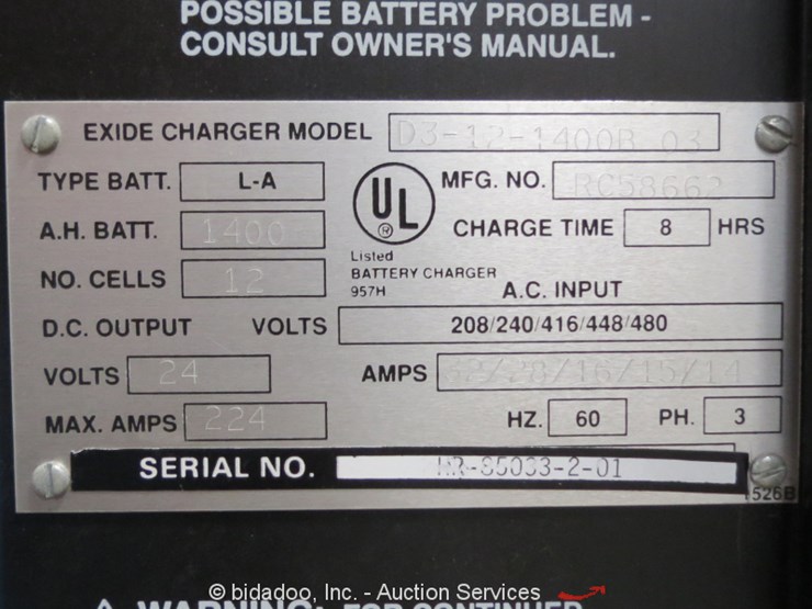 Exide Depth Charger D3-12-1400B - Lot #, Weekly Online Only Equipment  Auction, 5/16/2019, bidadoo - Online Auctions - Auction Resource