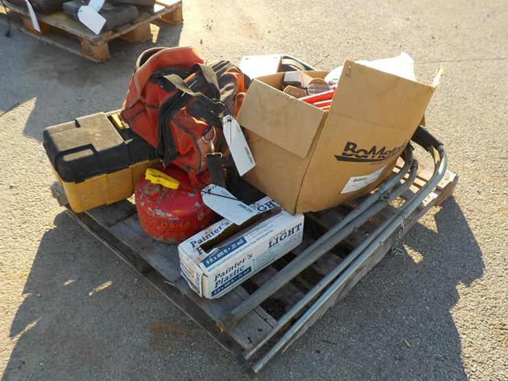 Misc Pallet c/w Napa Balkamp Roller Seat, Gas Can, Plastic Tool Box