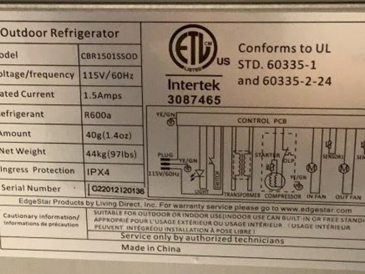 Intertek Outdoor Beverage Refrigerator CBR1501SSOD Lot 42a, August Monthly Day 1 Auction, 8