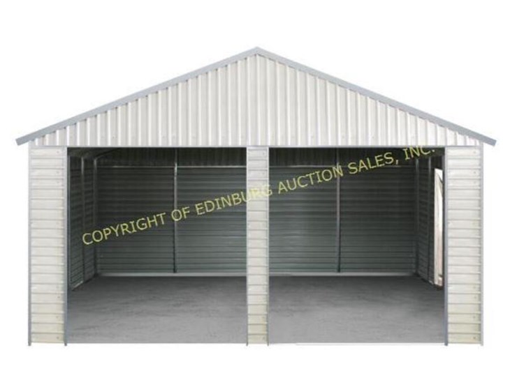 E. NEW 21'X19' DOUBLE GARAGE METAL SHED Lot 2402, ONLINE CONSIGNMENT