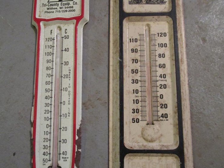 5798 • (2) Vintage Metal Thermometers Lot 5798, John Deere Gator